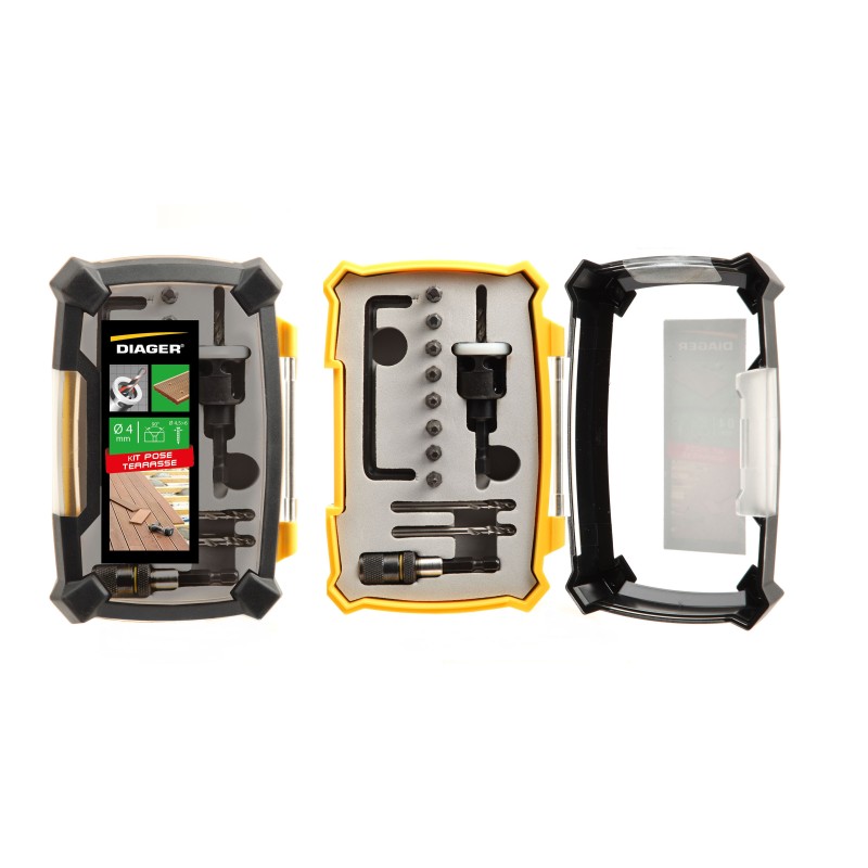 Kit terrasse complet foret, fraisoir carbure perçage 4mm + 8 embouts - DIAGER - 9000A