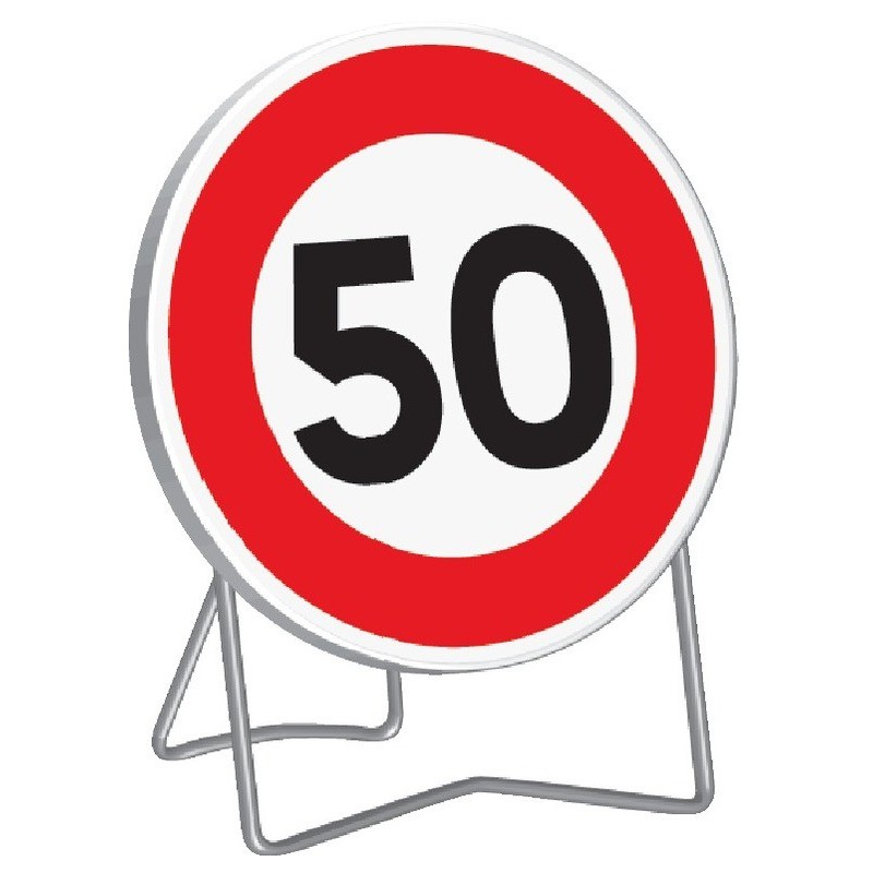 Panneau de signalisation BK14 "50KM/H" 850mm classe 1 avec support - Taliaplast - 524013